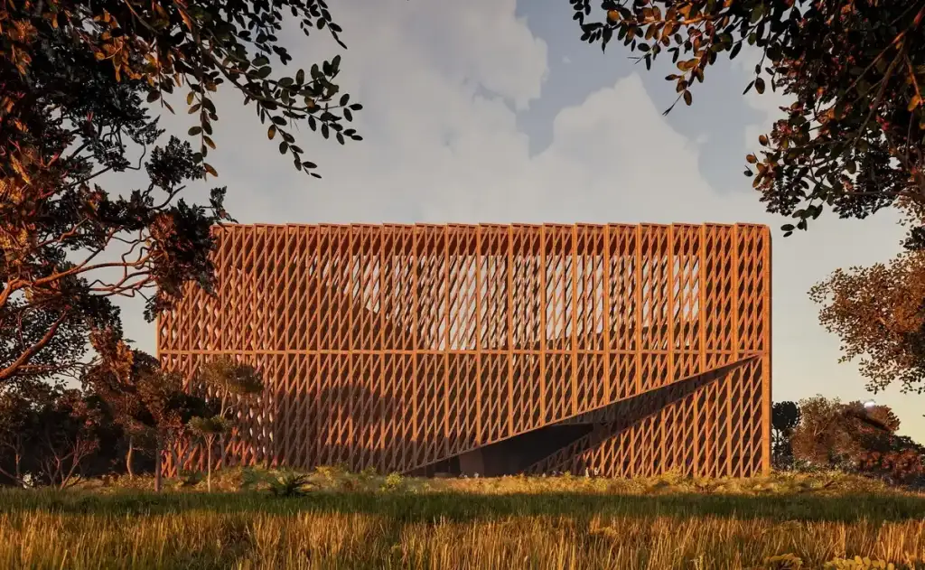 A imagem mostra o projeto arquitetônico do Pompidou Paraná