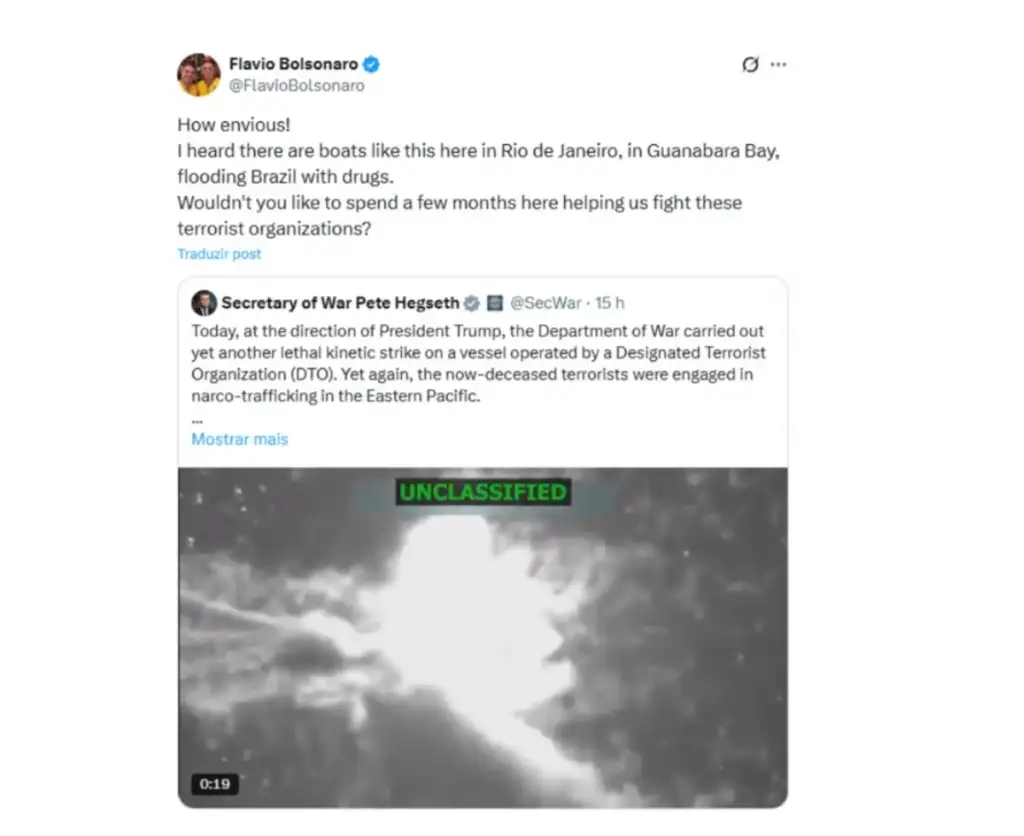 Flávio Bolsonaro sugere que os Estados Unidos ataquem embarcações brasileiras